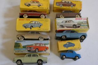 Six French Dinky cars comprising Opel Rekord, Simca Aronde, Ford Taunus, BMW 1500, Fiat Grande Vue