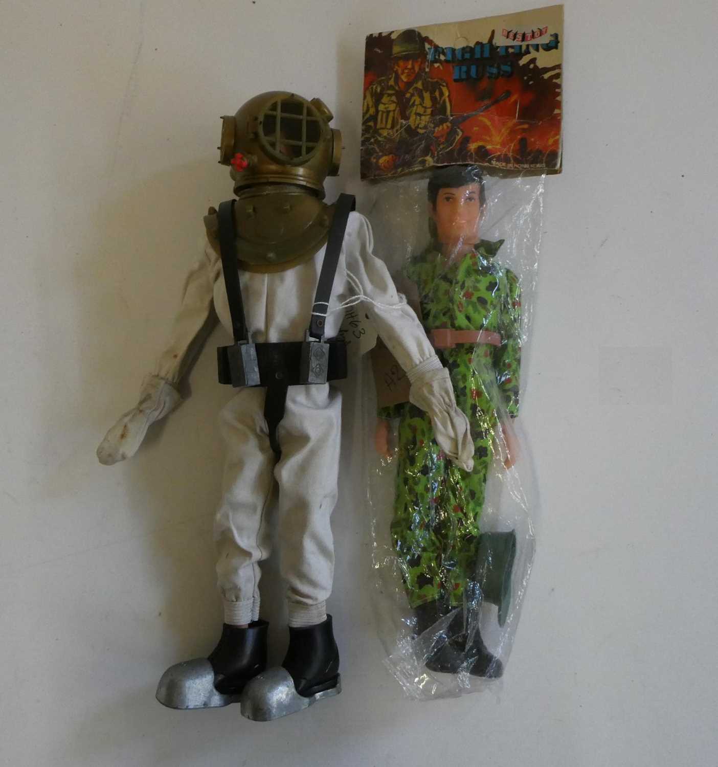 Action Man wearing Deep Sea Diver outfit, good, and Fighting Russ plastic figure in unopened packet