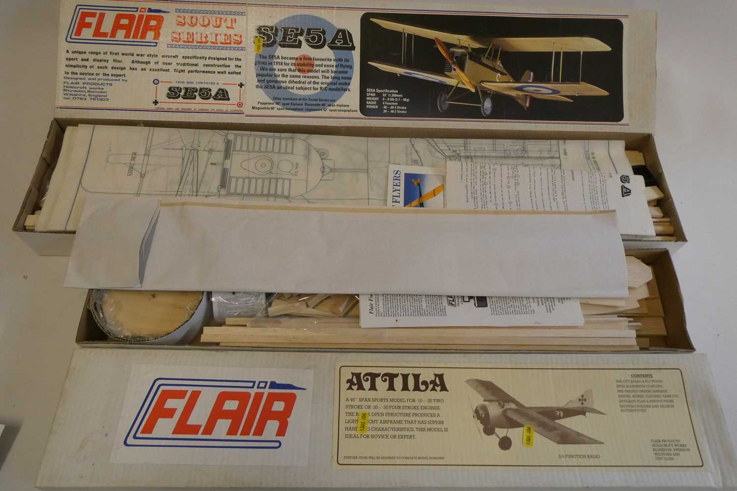 Two Flare radio-controlled Balsa wood aircraft kits comprising Attila German type World War one