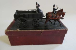 Britain Army Service Corps wagon with two horses and three figures, box fair, model good