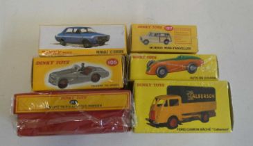 Atlas Dinky 197 Morris Mini Traveller, 105 Triumph TR2 sports car, 23a race car, 1424G Renault 12,