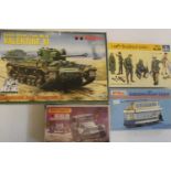 Four plastic construction kits comprising Valentine MKIII British tank, Afrikakorp figures 135th