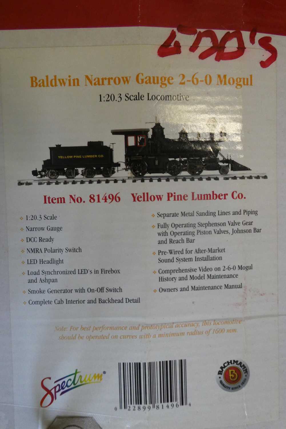 Bachmann Spectrum Baldwin narrow gauge Mogul locomotive Yellow Pine Lumber Co., boxed, good - Image 2 of 2