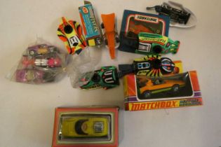 Late issue Matchbox vehicles including Super-Fast car and SpeedKings, some items boxed, fair