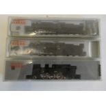 Three KATO N gauge Japanese steam locomotives comprising 2002 C11 2-6-4 tank, and two 9600 class 2-