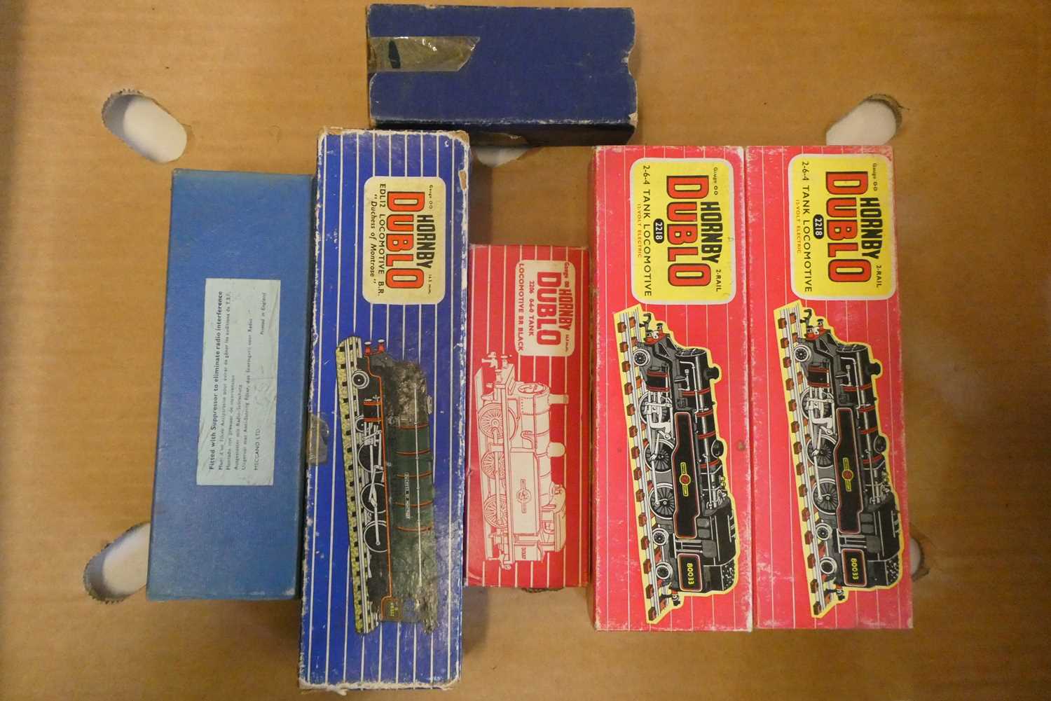 Hornby Dublo 2 rail locomotives comprising two 2-6-4 Tanks 80033, two bunker sides, 0-6-0 tank