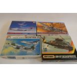 Four 148th scale model aircraft kits comprising Tamiya De Havilland Mosquito, Tamiya Russian Mig