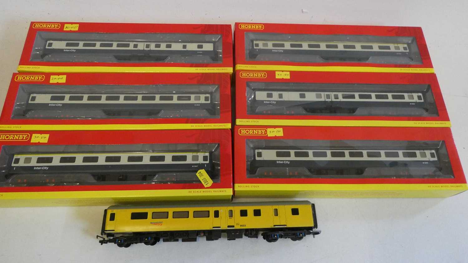 Six Hornby MK2 Intercity coaches, all items boxed, excellent, and an unboxed Network Rail coach