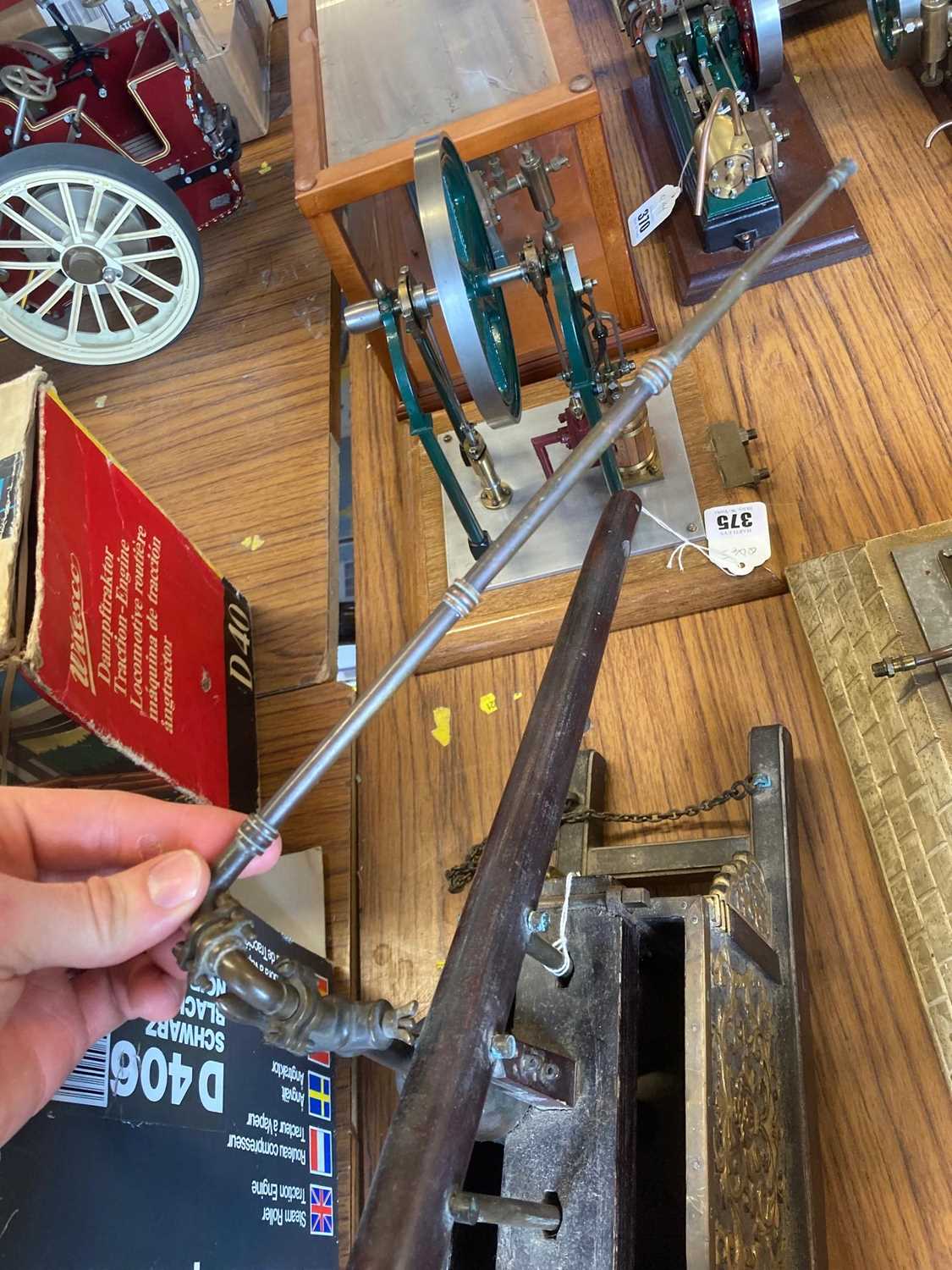 Model of Chinese hand operated fire water pump, wood and brass construction, carved decoration to - Image 5 of 5