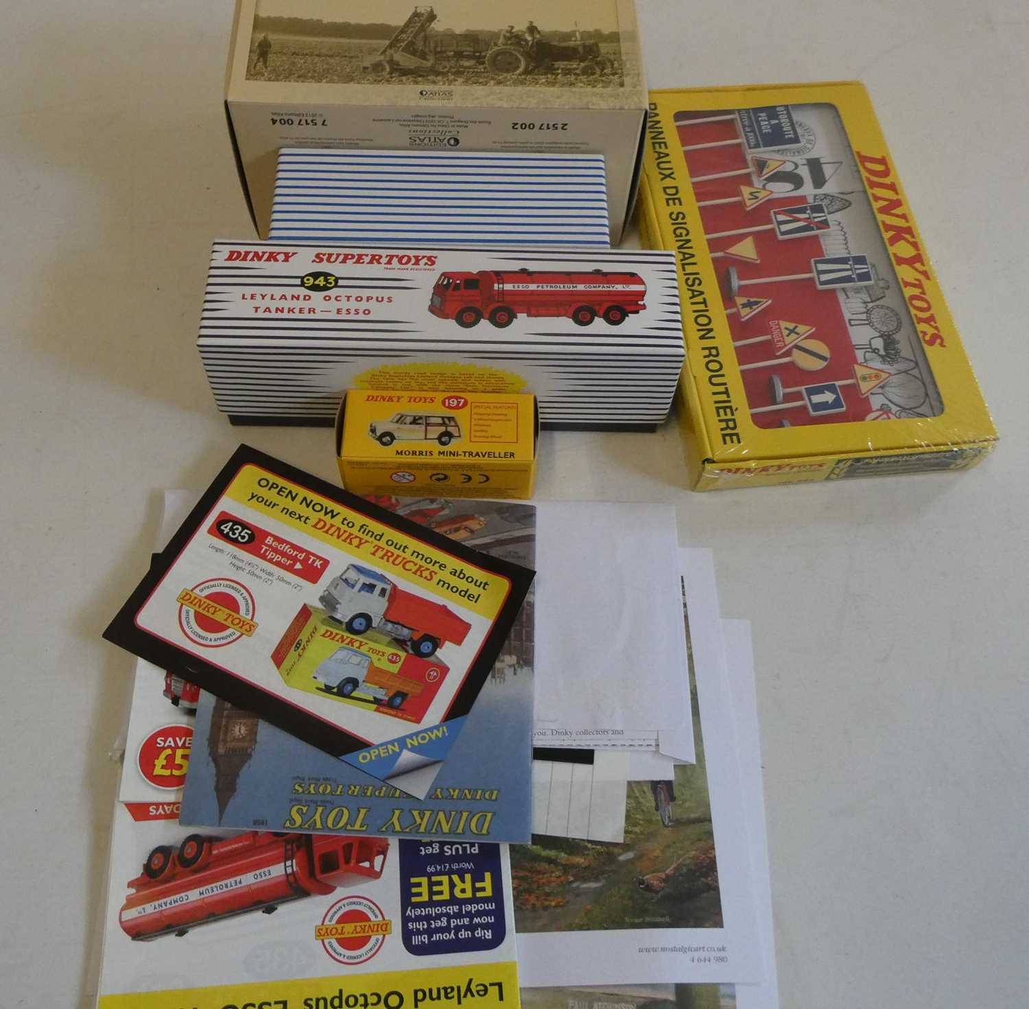 Dinky Atlas Model 197 Morris Mini Traveller, 920 Guy van, Heinz 943 Leyland Esso tanker, French road