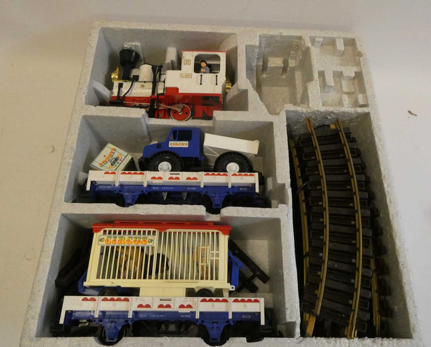 LGB Circus Train Set with white 0-4-0 locomotive and two circus wagons, boxed, good to excellent