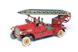 Large Disler Nuremberg fire engine ladder escape, clockwork motor with bell, extending ladder and