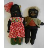 Two folk art vintage dolls, one with painted features, the other sewn, both in original clothing,