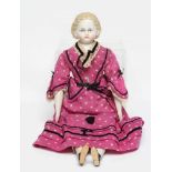 An early ABG bisque shoulder head doll, c. 1890, with moulded hair, painted features, fabric body,