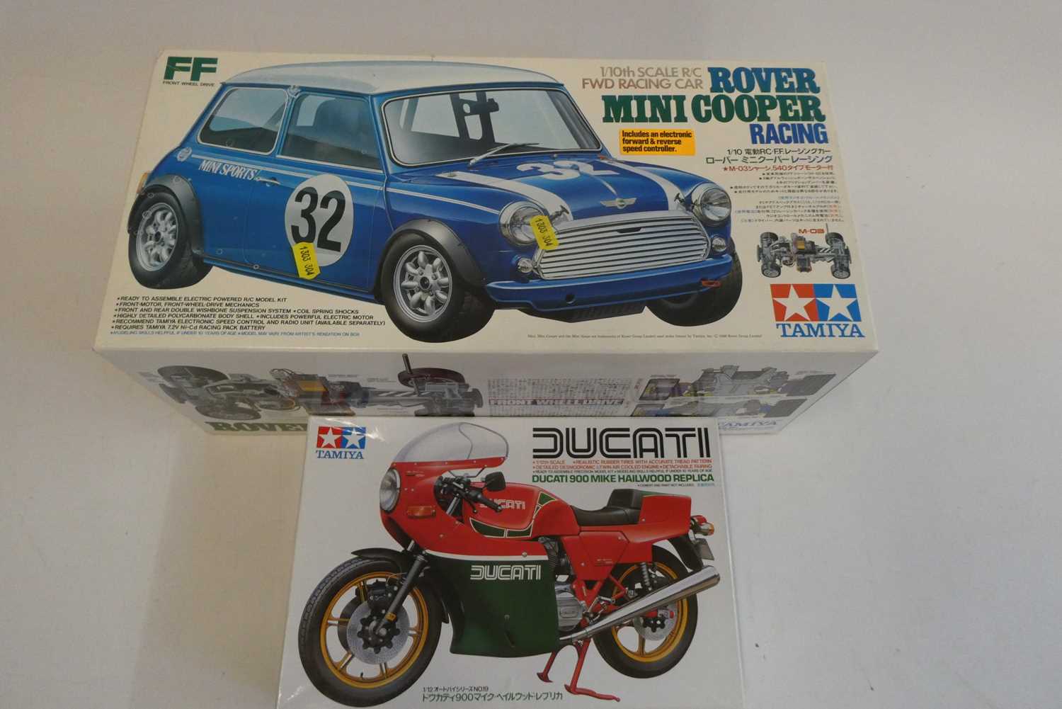 Tamiya 1/10 scale RC racing Mini kit and Tamiya 1/12 Ducati 900, boxes excellent, unchecked for