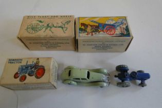 Britains Lilliput tractor, tumbrel cart and milk float, all items boxed, good to excellent, and a