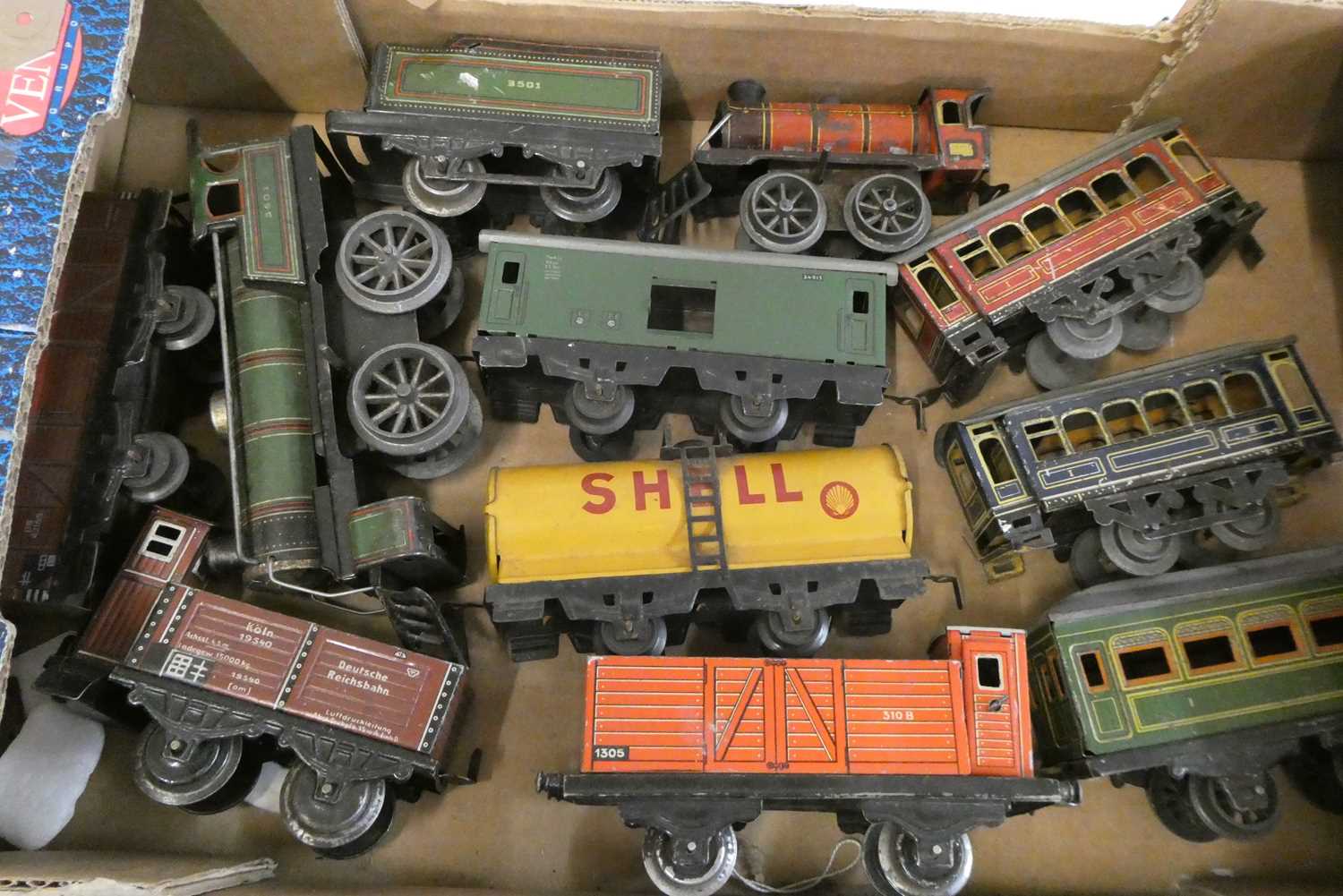 German manufactured rolling stock including goods wagons, 4 wheel coaches and two clockwork