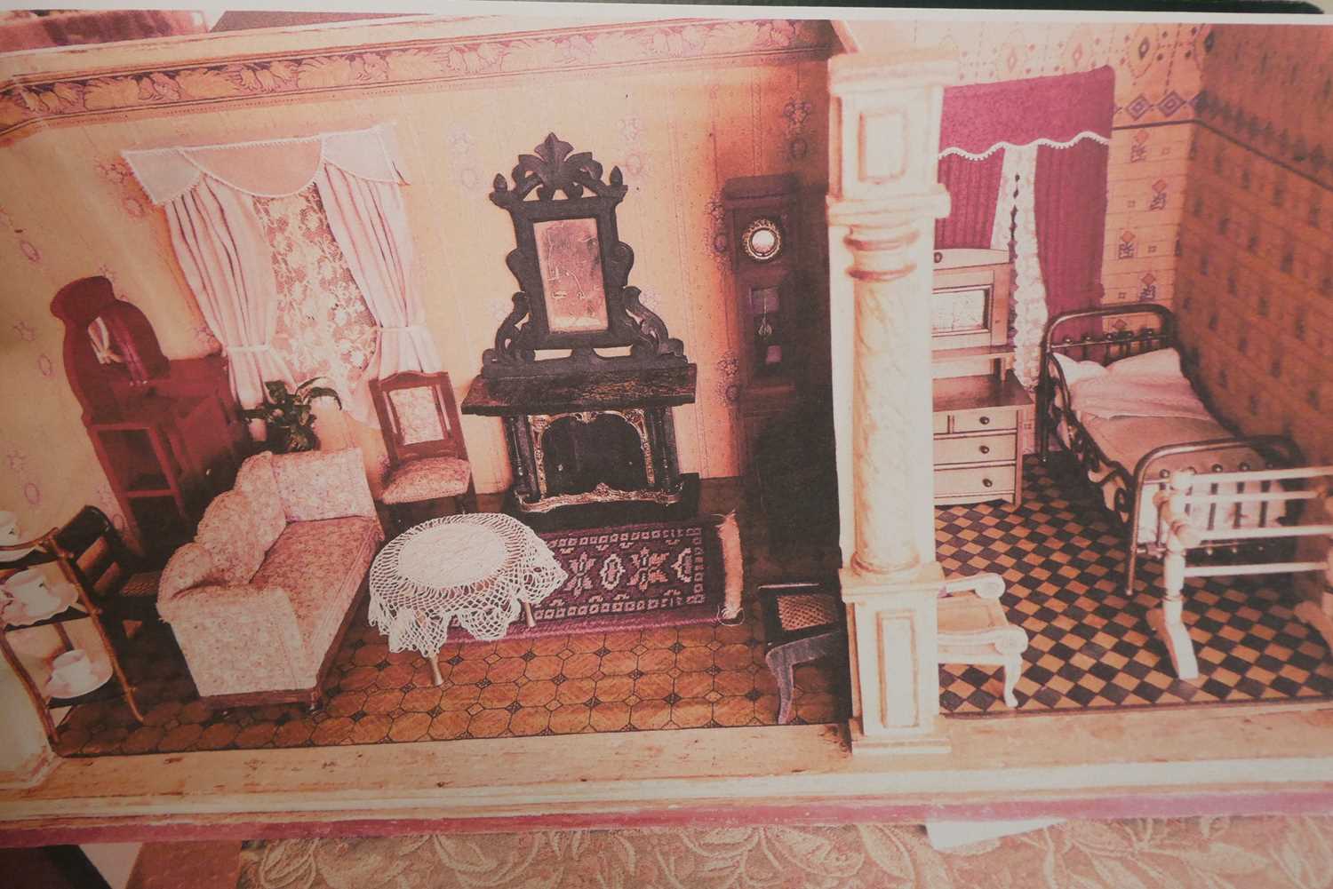 Box of good quality antique dolls house furniture and accessories, comprising a two room German room