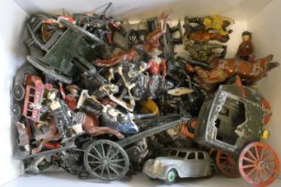 Unboxed lead figures including Zoo animals, Cowboys, Indians, solders and three playworn vehicles,