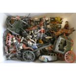 Unboxed lead figures including Zoo animals, Cowboys, Indians, solders and three playworn vehicles,