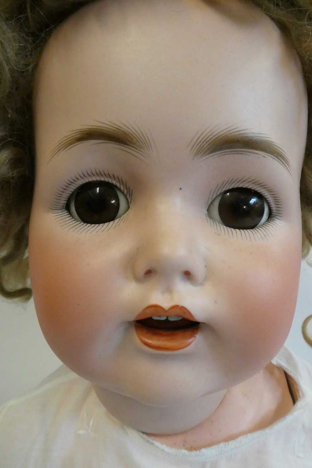 A J.D. Kestner bisque socket head character doll, with brown glass sleeping eyes, open mouth, - Image 2 of 3