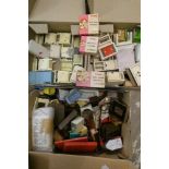 Three boxes of mainly vintage dolls house furniture and accessories, including tin kitchen