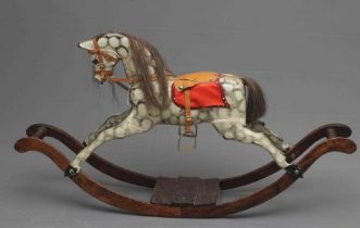 Vintage rocking horse, wooden body, glass eyes, dappled grey paint, horse hair mane and tail,