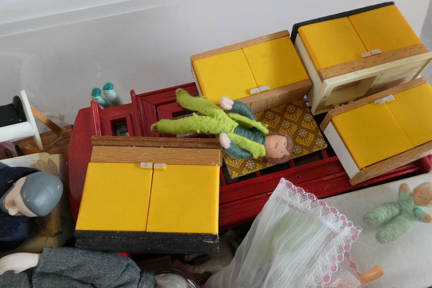 A box of dolls house furniture, dolls and accessories, including a large model telephone box, rugs - Image 3 of 4