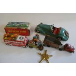 Tinplate toys comprising Disler clockwork saloon, Goso cattle truck, US Zone cycling clockwork