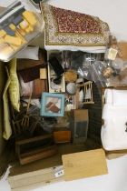 A quantity of dolls house accessories, including wood furniture and a miniature boxed metal train