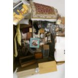 A quantity of dolls house accessories, including wood furniture and a miniature boxed metal train