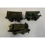 Hornby 20v electric GWR 0-4-0 tank locomotive and two GWR goods trucks, some paint damage, loco