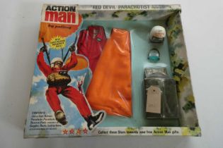 Action Man Red Devil parachutist in unopened display packaging, packet shows signs of storage