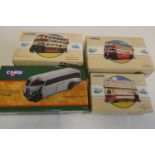 Corgi Classics Double Decker tram, Arab bus, Bristol utility bus, grey green and an AEC Regal coach,