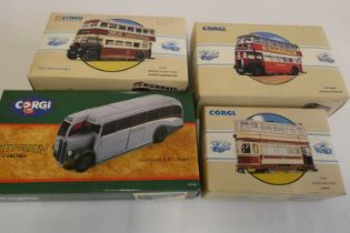 Corgi Classics Double Decker tram, Arab bus, Bristol utility bus, grey green and an AEC Regal coach,