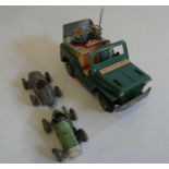 Tinplate friction powered recorder Jeep, driver’s hat is missing, and two Schuco Micro Races,