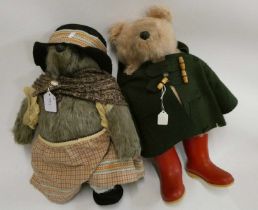 Paddington and an Aunt Lucy Bear, Paddington in a Green felt coat and red Dunlop boots, Lucy with