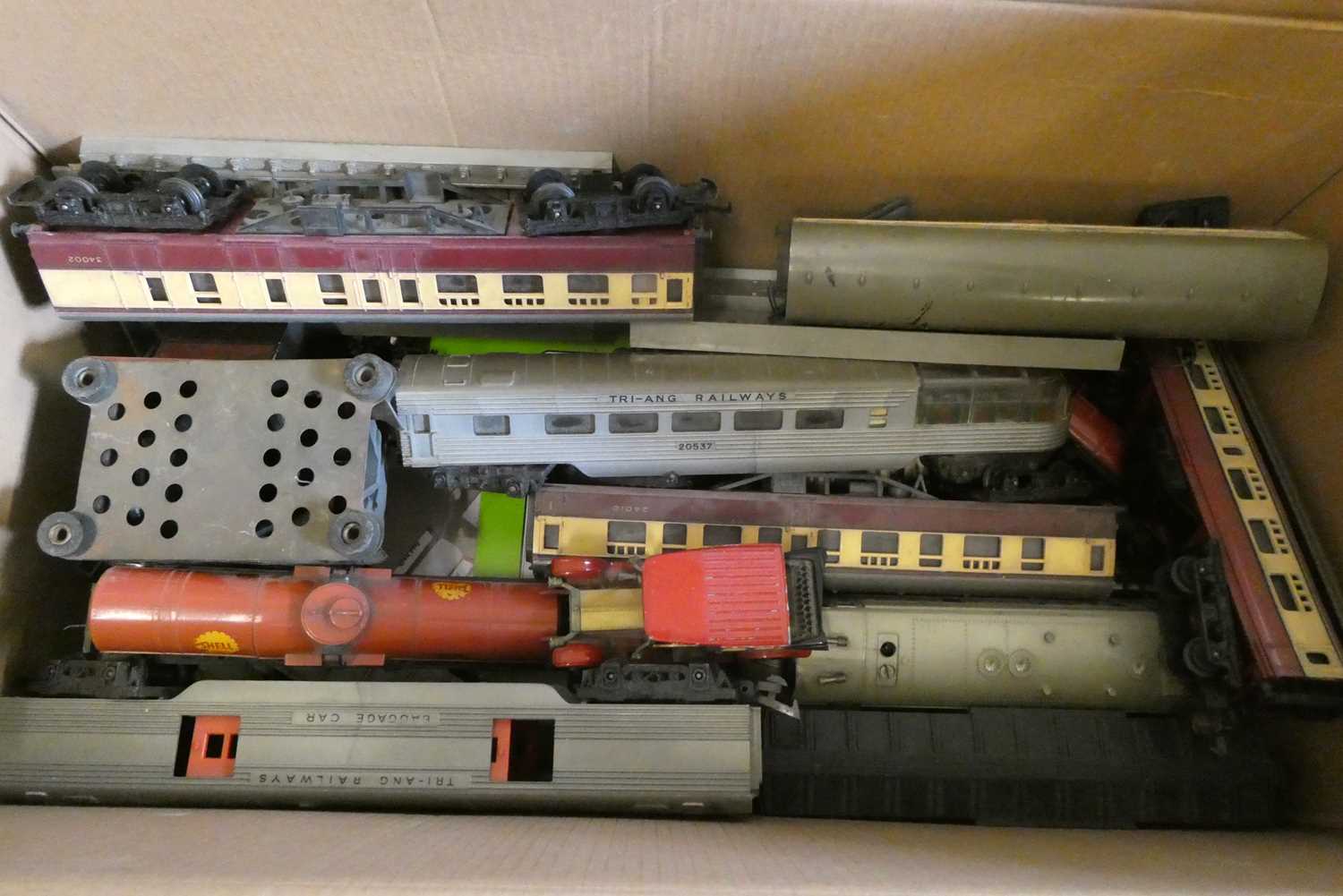 Playworn Trains by Triang and Hornby including rolling stock trackside accessories, two Dapol
