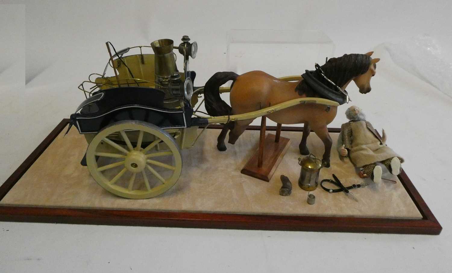 Approximately 1:8. Scale Model of horse drawn milk cart with horse and driver, in glass case,