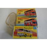 Three Matchbox Superfast Bus models comprising No.12 Setra yellow Coach and two No.17 red London