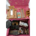 Box of good quality antique & vintage dolls house furniture and accessories, both wood and metal