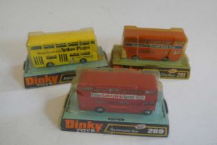 Dinky 289 Route Master bus in display packaging, 295 Atlantean Bus and display packing and 291