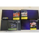 Four Scalextric cars comprising two Chevrolet Corvettes, Toyota TF102 and Terrell F1 car, all