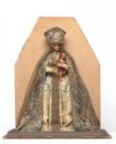 A wax Virgin & Child, 19th century, with finely moulded wax head, painted features, blue eyes, blond