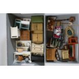 Box of good quality antique & vintage dolls house furniture and accessories, both wood and metal