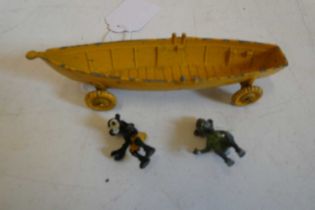 Mickey and Minnie Mouse "On the River" rowing boat with two figures, oars missing, fair