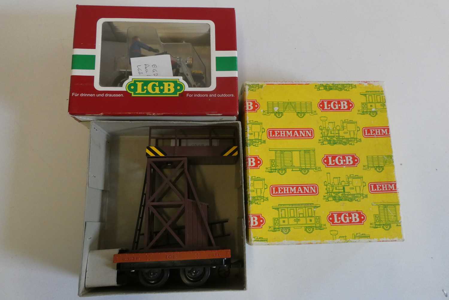 LGB rail motorbike with rider and tunnel inspection wagon, both items boxed, good to excellent