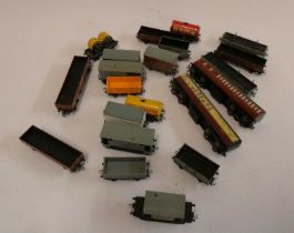 Goods rolling stock by Hornby Dublo and two D2 coaches, most items fair to good