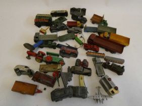 Mixed playworn diecast vehicles by Dinky and other makers including trucks, cars, buses, trains