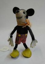 Deans felt Mickey Mouse, with shoe button eyes, registration number to neck, red shorts and yellow